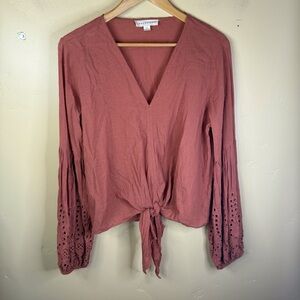 Love Stitch XL Estella Eyelet Statement Bell Sleeve Top Tie Waist Clay Boho Work